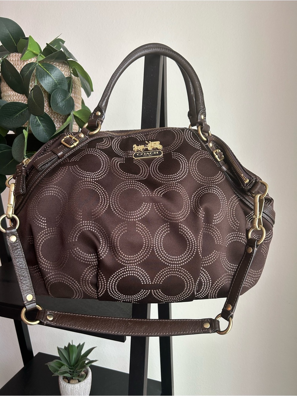 Coach Madison Dotted Op Art Sophia Brown Satchel with shoulder strap